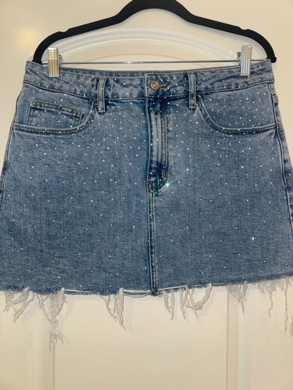 Bayeas Blue Denim Mini Skirt with Rhinestone Detail